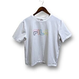 FILA Women's Graphic Script Logo Cropped T Shirt White / Multi Logo XL 21.5 x 23